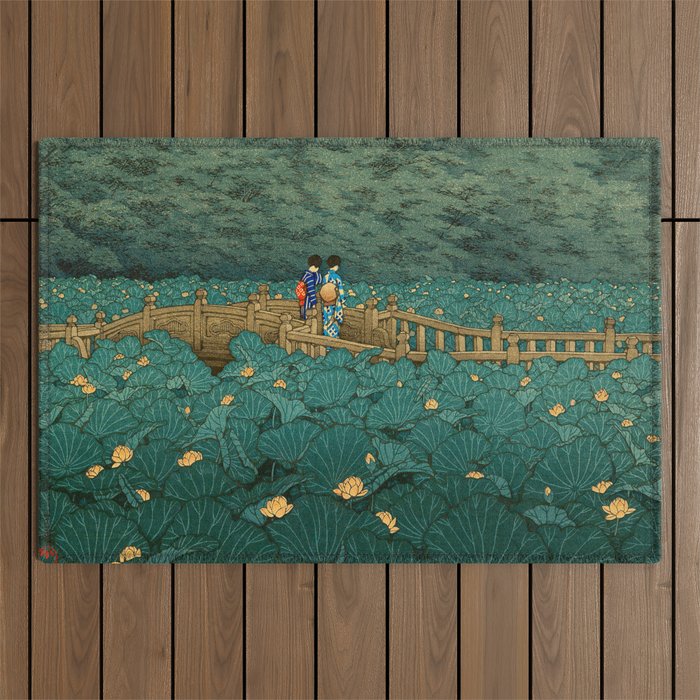 Vintage Japanese Woodblock Print Kawase Hasui Japanese Children Lotus Flowers Garden Wooden Bridge Outdoor Rug Gallery Image 1