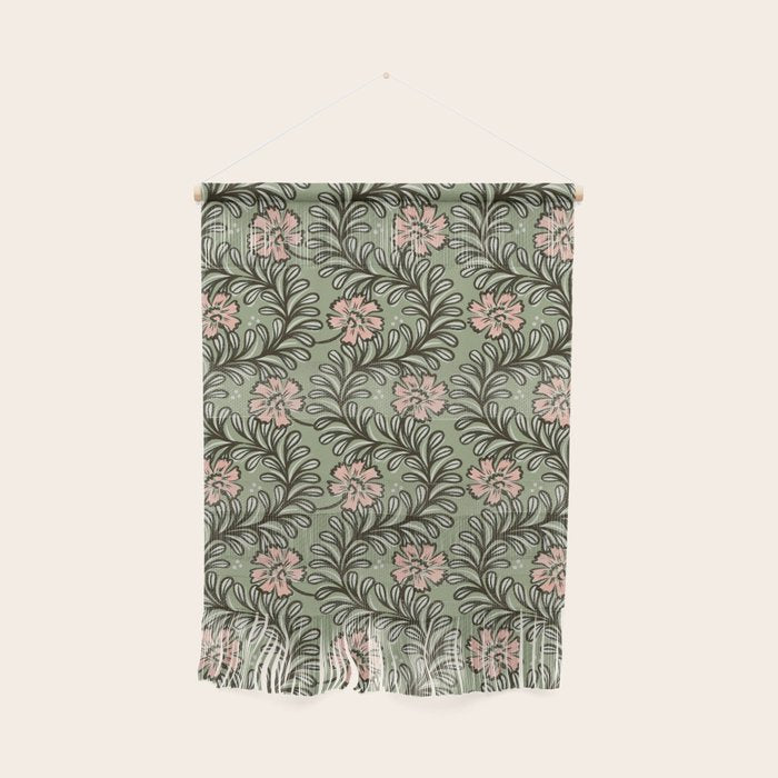 Climbing Leaves Floral Stripe Sage Green and Pink Wall Hanging Gallery Image 1