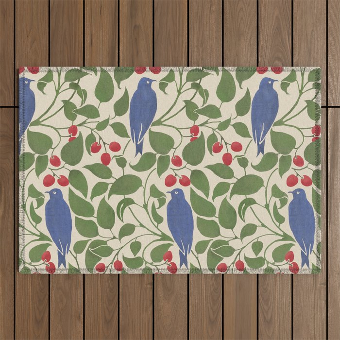 Vintage Blue Birds And Cherries Outdoor Rug Gallery Image 1