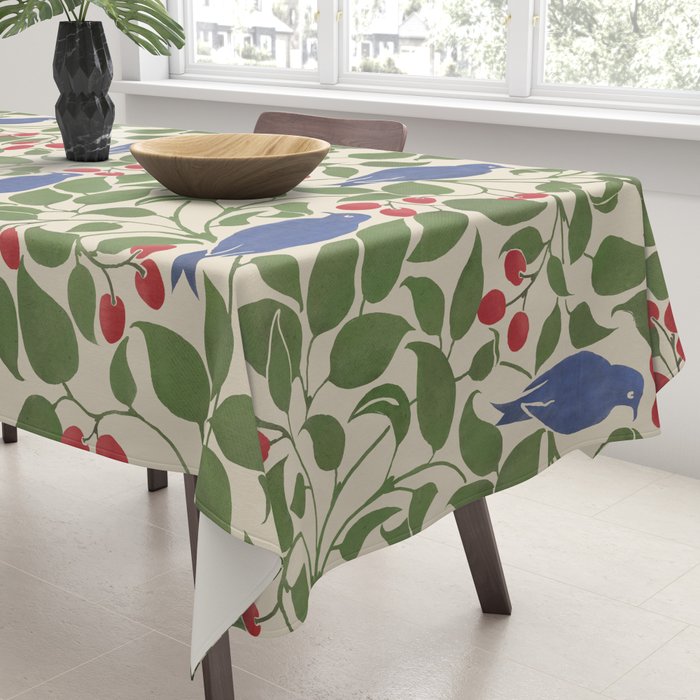 Vintage Blue Birds And Cherries Tablecloth Gallery Image 3