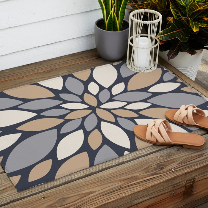 Gray Beige Flower Burst Petals Outdoor Rug Gallery Image 2