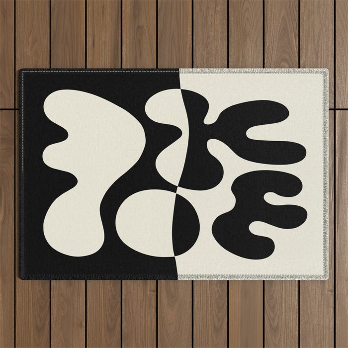Mid Century Modern Organic Abstraction 235 Black and Ivory White Outdoor Rug Gallery Image 1