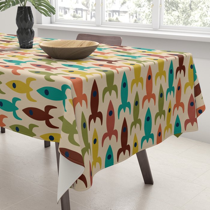 Retro Rockets - Midcentury Modern Rocket Pattern in Mid Mod Teal, Red, Olive, Mustard, and Beige on Bright Orange Tablecloth Gallery Image 3