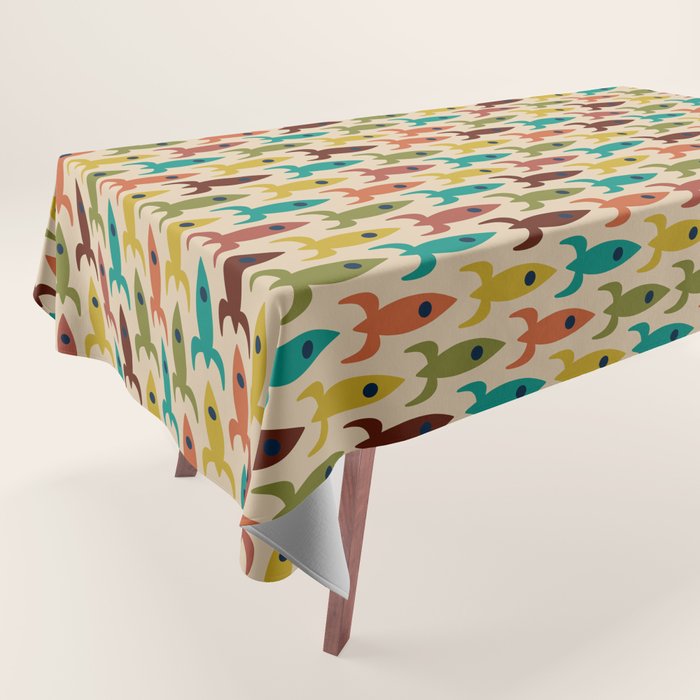 Retro Rockets - Midcentury Modern Rocket Pattern in Mid Mod Teal, Red, Olive, Mustard, and Beige on Bright Orange Tablecloth Gallery Image 1