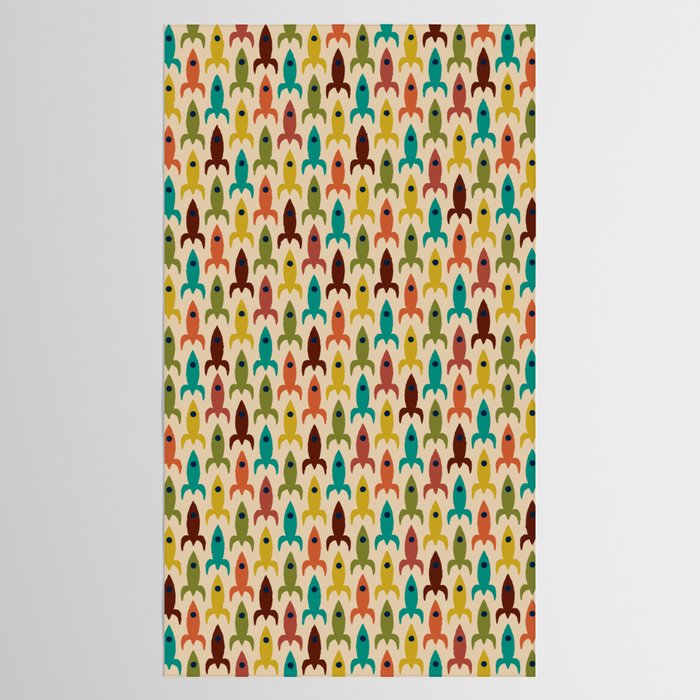 Retro Rockets - Midcentury Modern Rocket Pattern in Mid Mod Teal, Red, Olive, Mustard, and Beige on Bright Orange Tablecloth Gallery Image 2