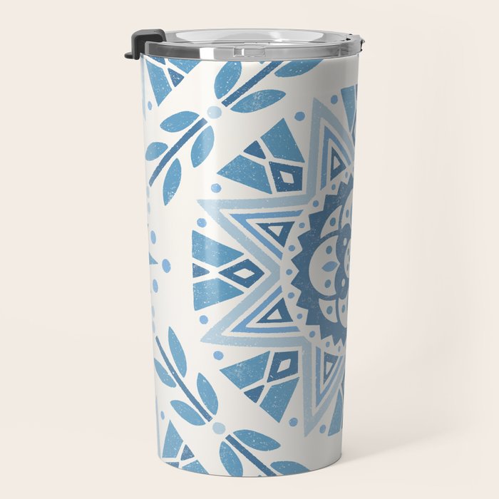 Folk Art Shapes Block Print - Blue Travel Mug Gallery Image 3