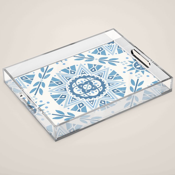 Folk Art Shapes Block Print - Blue Acrylic Tray Gallery Image 1