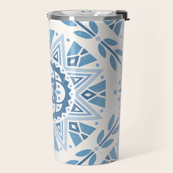 Folk Art Shapes Block Print - Blue Travel Mug Gallery Image 2