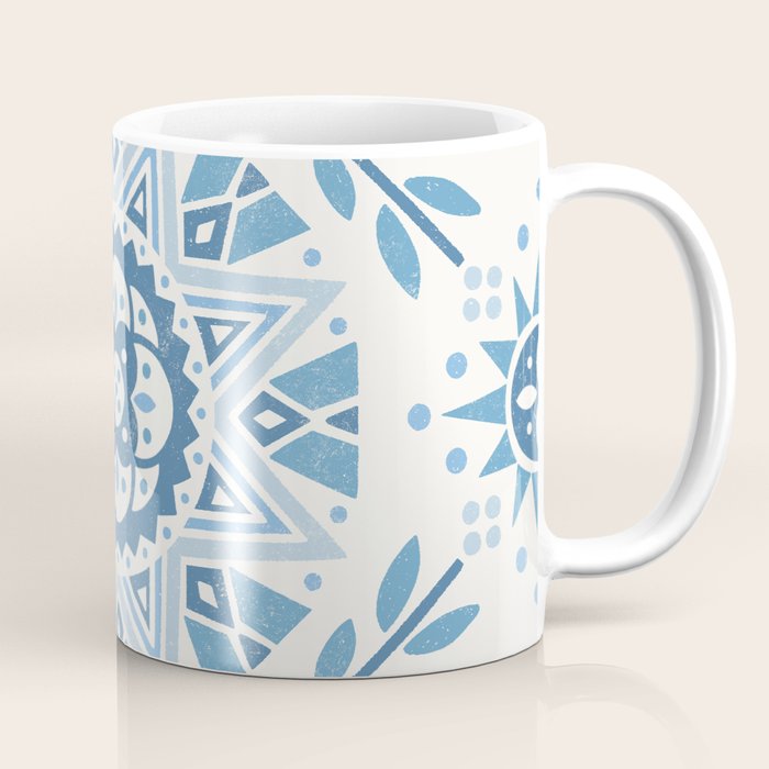 Folk Art Shapes Block Print - Blue Coffee Mug Gallery Image 1
