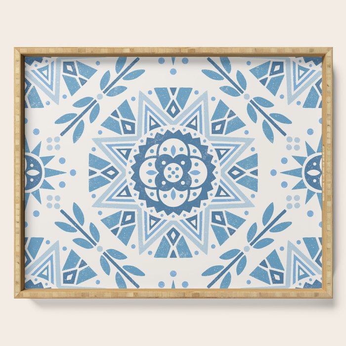 Folk Art Shapes Block Print - Blue Serving Tray Gallery Image 1