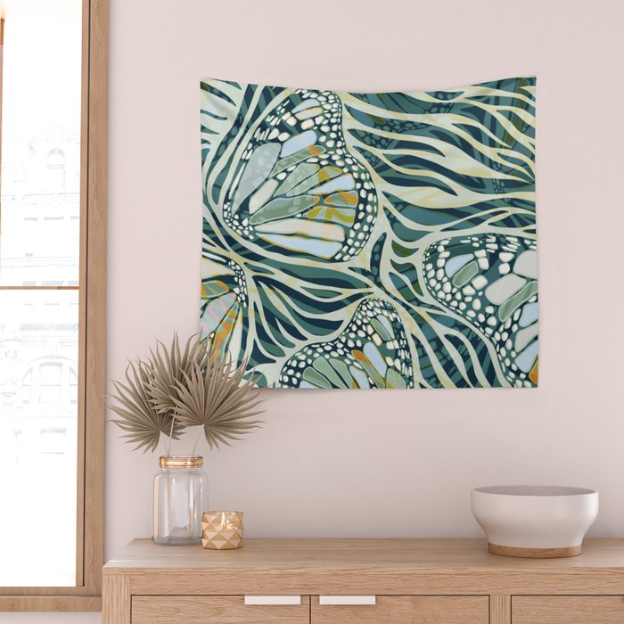Abstract Retro Boho Butterfly Zebra Pattern - teal green Wall Tapestry Gallery Image 2