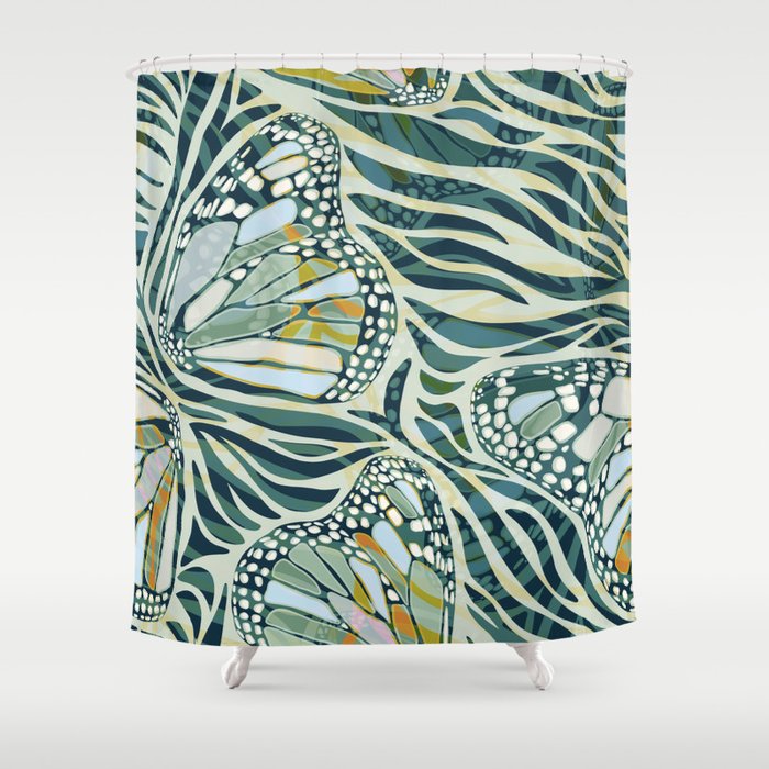 Abstract Retro Boho Butterfly Zebra Pattern - teal green Shower Curtain Gallery Image 1