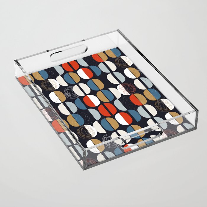 Mid century geometric pattern dark blue Acrylic Tray Gallery Image 1