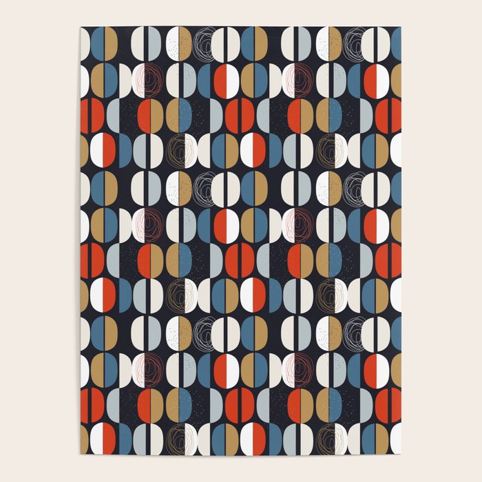 Mid century geometric pattern dark blue Poster Gallery Image 1