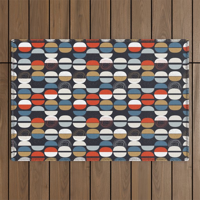Mid century geometric pattern dark blue Outdoor Rug Gallery Image 1