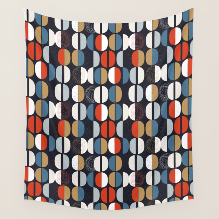 Mid century geometric pattern dark blue Wall Tapestry Gallery Image 4