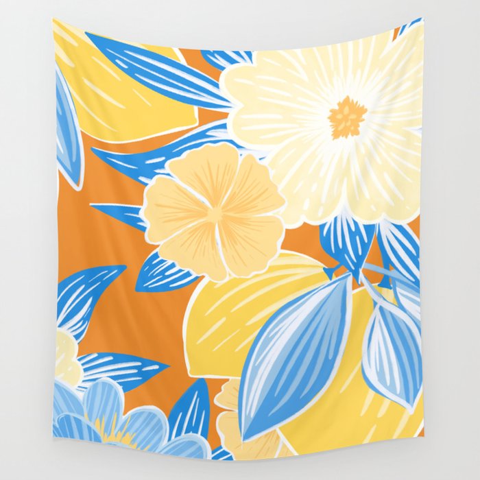 Bright Lemon Floral - Botanical Painting Wall Tapestry Gallery Image 4