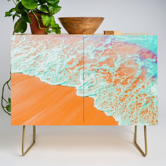 Coral Shore, Ocean Beach Photography, Summer Sea Sand Waves Credenza Gallery Image 1