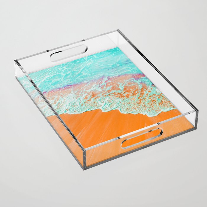 Coral Shore, Ocean Beach Photography, Summer Sea Sand Waves Acrylic Tray Gallery Image 1