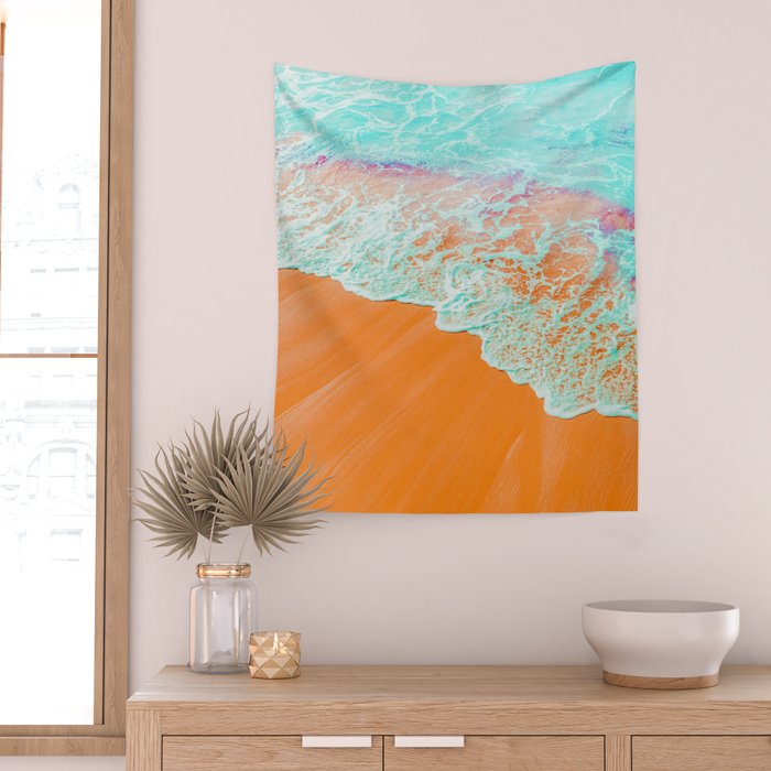 Coral Shore, Ocean Beach Photography, Summer Sea Sand Waves Wall Tapestry Gallery Image 2