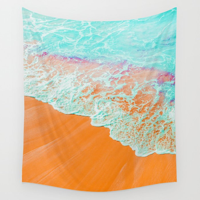 Coral Shore, Ocean Beach Photography, Summer Sea Sand Waves Wall Tapestry Gallery Image 1