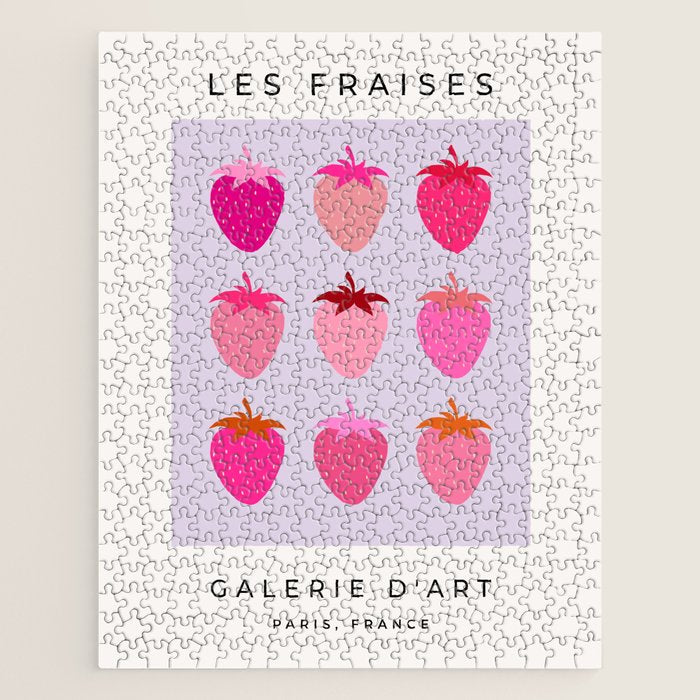 Les Fraises | 03 - Abstract Retro Fruit, Pink And Purple Print Preppy Strawberries Jigsaw Puzzle Gallery Image 1