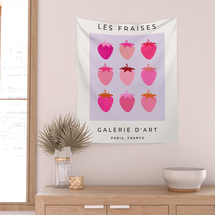 Les Fraises | 03 - Abstract Retro Fruit, Pink And Purple Print Preppy Strawberries Wall Tapestry Gallery Image 2