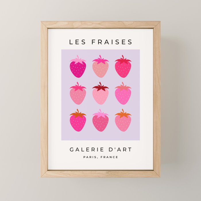 Les Fraises | 03 - Abstract Retro Fruit, Pink And Purple Print Preppy Strawberries Mini Art Print Gallery Image 1