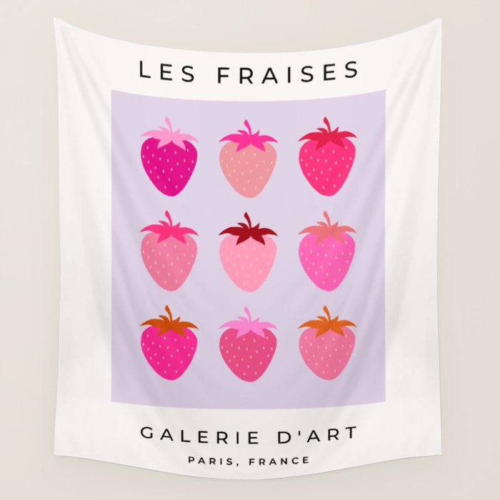 Les Fraises | 03 - Abstract Retro Fruit, Pink And Purple Print Preppy Strawberries Wall Tapestry Gallery Image 1