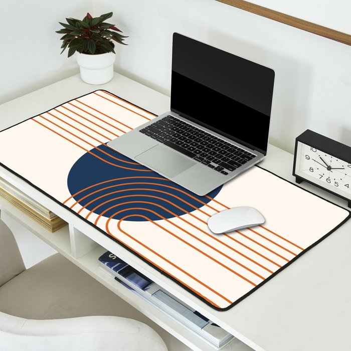 Mid Century Modern Geometric 162 Sun Rainbow abstract in Navy Blue Orange Desk Mat Gallery Image 2