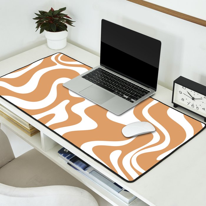 Liquid Swirl Retro Modern Abstract Pattern in Caramel Ochre and White Desk Mat Gallery Image 2