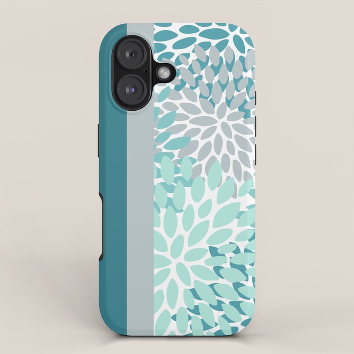 Festive, Floral, Color Block, Teal, Turquoise, Gray iPhone Case Gallery Image 1