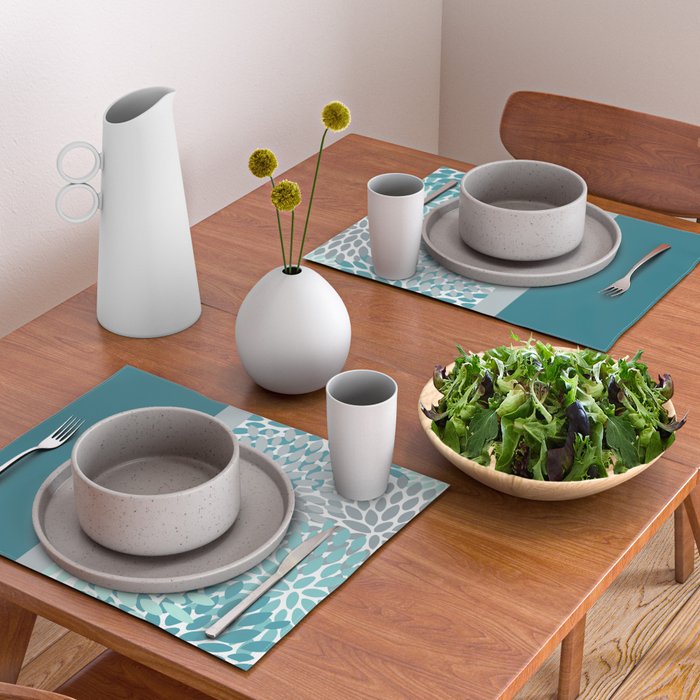 Festive, Floral, Color Block, Teal, Turquoise, Gray Placemat Gallery Image 2