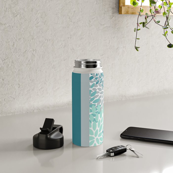 Festive, Floral, Color Block, Teal, Turquoise, Gray Water Bottle Gallery Image 4