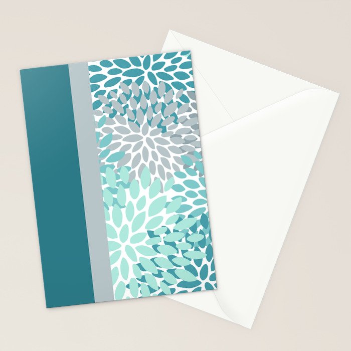 Festive, Floral, Color Block, Teal, Turquoise, Gray Stationery Card Gallery Image 2