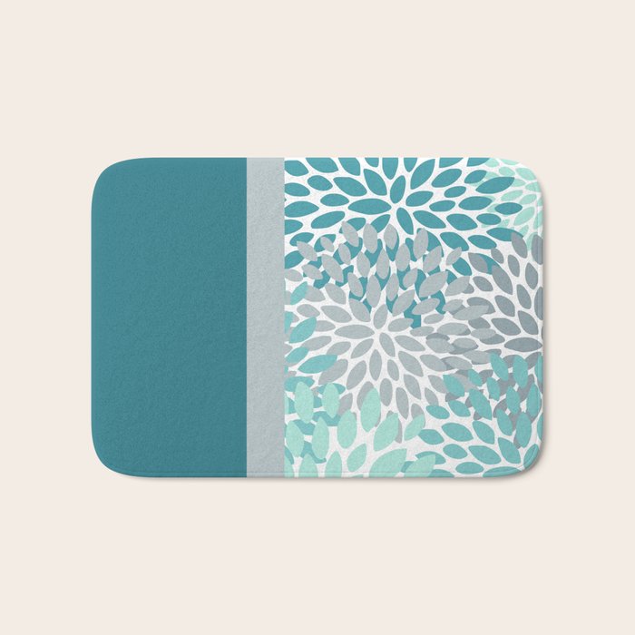 Festive, Floral, Color Block, Teal, Turquoise, Gray Bath Mat Gallery Image 1