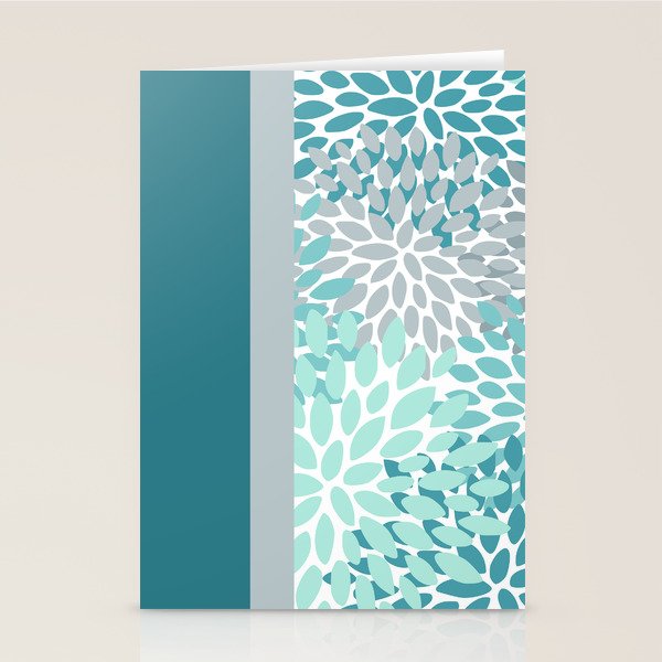 Festive, Floral, Color Block, Teal, Turquoise, Gray Stationery Card Gallery Image 2