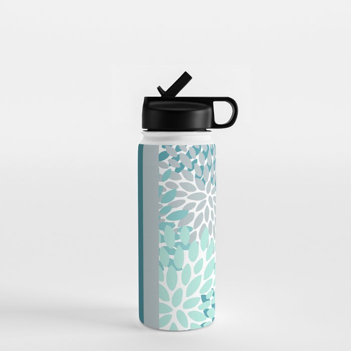 Festive, Floral, Color Block, Teal, Turquoise, Gray Water Bottle Gallery Image 1
