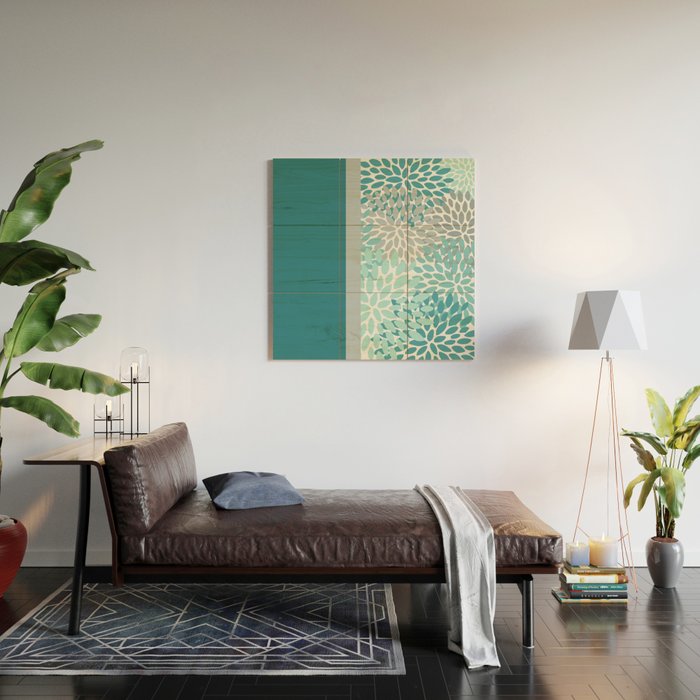 Festive, Floral, Color Block, Teal, Turquoise, Gray Wood Wall Art Gallery Image 2