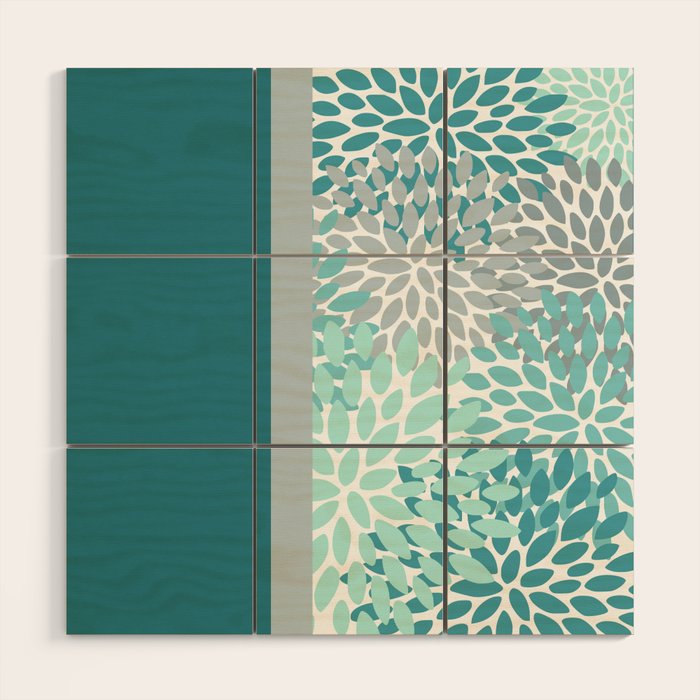 Festive, Floral, Color Block, Teal, Turquoise, Gray Wood Wall Art Gallery Image 1