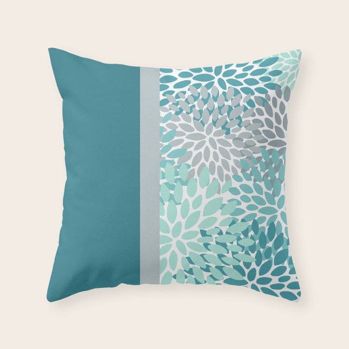 Festive, Floral, Color Block, Teal, Turquoise, Gray Throw Pillow Gallery Image 1