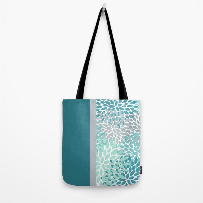 Festive, Floral, Color Block, Teal, Turquoise, Gray Tote Bag Gallery Image 2