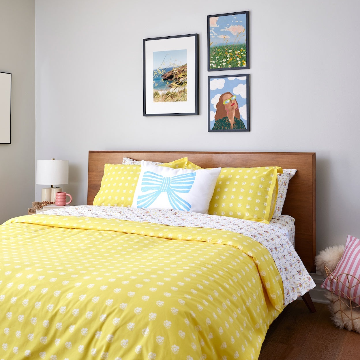 White Posies on Yellow Brushed Cotton Duvet Cover Set