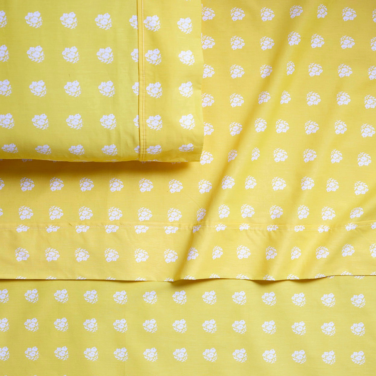 White Posies On Yellow Brushed Cotton Sheet Set