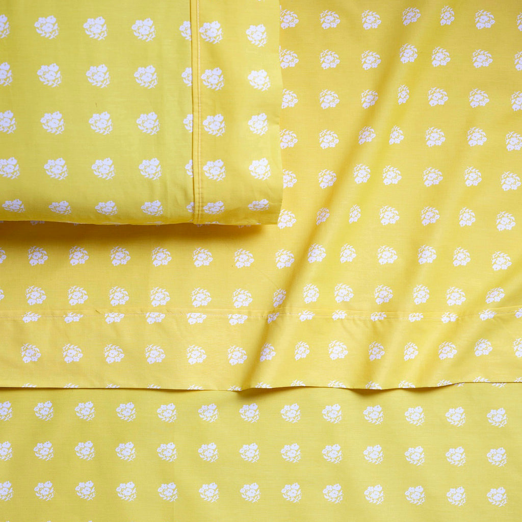 White Posies on Yellow Brushed Cotton Sheet Set