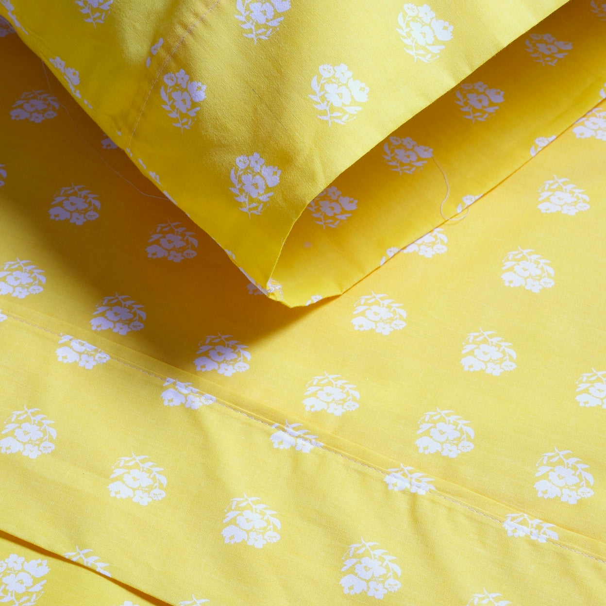 White Posies on Yellow Brushed Cotton Sheet Set