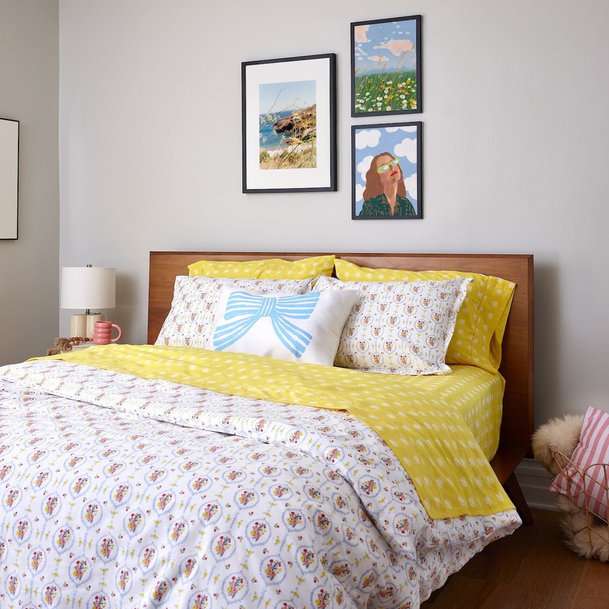 White Posies on Yellow Brushed Cotton Sheet Set