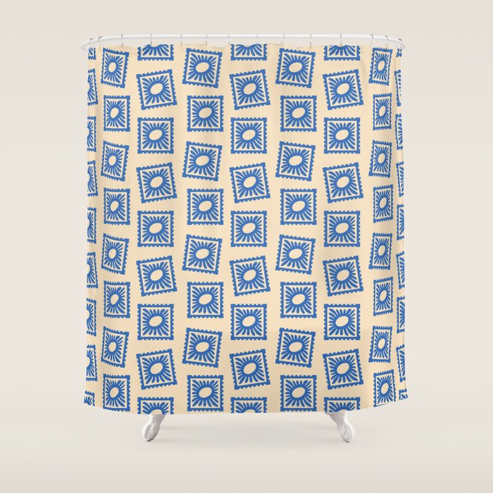 Vintage blue flower postage stamp pattern Shower Curtain Gallery Image 1