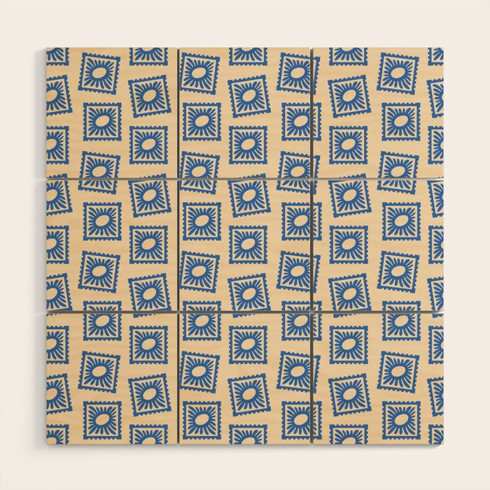 Vintage blue flower postage stamp pattern Wood Wall Art Gallery Image 1