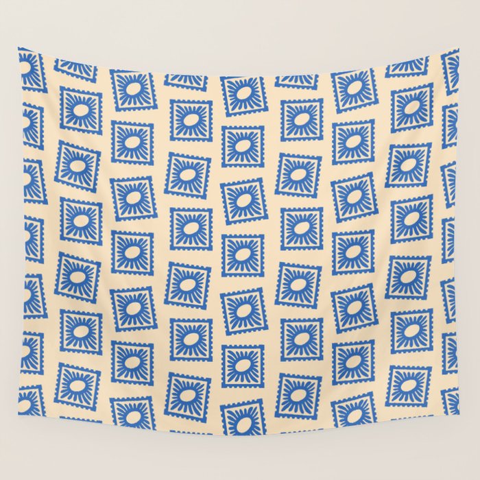 Vintage blue flower postage stamp pattern Wall Tapestry Gallery Image 4